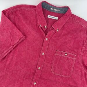 Tommy Bahama XL Floral Pink‎ Button Down Short Sleeve Shirt Menswear